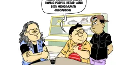 Ilustrasi obrolan warteg: tiga sahabat berdiskusi soal tingginya syarat pencalonan yang hanya menguntungkan partai besar. (Sumber: Poskota/Arif Setiadi)