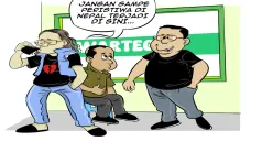 Ilustrasi obrolan warteg: Tiga sahabat berdiskusi soal demonstrasi berdarah di Nepal, mengingatkan agar peristiwa serupa tidak terjadi di Indonesia. (Sumber: Poskota/Arif Setiadi)