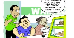 Ilustrasi obrolan di warteg menyinggung keresahan masyarakat soal sirine dan strobo kendaraan yang kerap dipakai tidak pada kondisi darurat. (Sumber: Poskota/Arif Setiadi)