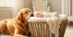 Ilustrasi foto bayi newborn dengan hewan peliharaan buatan Gemini AI. (Sumber: Poskota/Gemini AI)