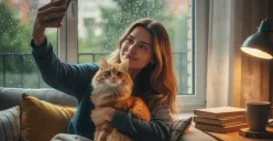 Ilustrasi foto bareng kucing buatan Gemini AI. (Sumber: Poskota/Gemini AI)
