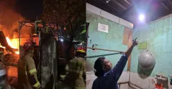 Komari, pedagang kusen kayu madura menunjukam plafon kamar mandi yang gosong akibat terbakar, Senin, 27 April 2026. (Sumber: Poskota/Angga Pahlevi)