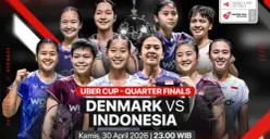 Link live streaming perempat final Uber Cup 2026 malam hari ini, Kamis, 30 April 2026. (Sumber: Vidio)