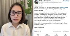 Prilly Latuconsina saat menyampaikan klarifikasi melalui video di akun media sosialnya, menanggapi polemik “Open to Work” yang ramai dibahas publik. (Sumber: Instagram/@prilylatuconsina96)