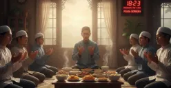 Umat muslim menengadahkan tangan berdoa menjelang waktu berbuka puasa pada bulan Ramadhan. (Sumber: Gemini AI)