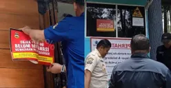 Petugas Satpol PP Bandung Barat, segel tempat wisata Curug Cimahi. (Sumber: Poskota/Gatot Poedji Utomo)