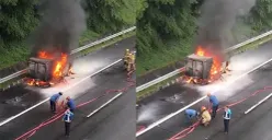 Petugas memedakan mobil boks yang terbakar di Tol Cijago, Sukmajaya, Kota Depok, Senin, 12 Januari 2026. (Sumber: Dok. Warga)