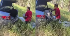 Warga Indonesia kepergok membuang sampah sembarangan di kawasan hutan lindung Australia sebelum ditegur dan diminta memungut kembali oleh warga lokal. (Sumber: X/@Sammisoh)