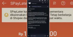 Ilustrasi aplikasi Shopee PayLater di ponsel yang menampilkan notifikasi fitur dibekukan sementara akibat keterlambatan pembayaran. (Sumber: Youtube/@Nara Zhisu)