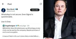 Elon Musk mengkritik keamanan WhatsApp. (Sumber: X/elonmusk)