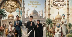 Ilustrasi kartu ucapan Selamat Hari Raya Idul Fitri 1447 H yang dibuat menggunakan teknologi AI dengan berbagai gaya desain kreatif. (Sumber: Gemini AI)