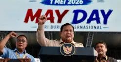 Presiden Prabowo Subianto saat memberikan sambutan peringatan Hari Buruh Internasional 2026 atau May Day di kawasan Monas, Jakarta, Jumat, 1 Mei 2026. (Sumber: Dok. Sekretariat Presiden)