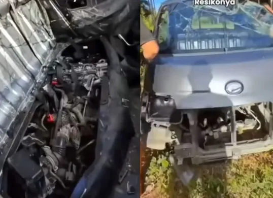 Sebuah mobil pikap yang akan diambil pemiliknya hanya tersisa rangka dan bodi seusai mengalami kecelakaan dan ditinggal di pinggir jalan. (Sumber: Tangkap Layar Instagram/@lambeonlen)
