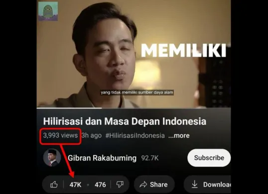 Tangkapan layar diduga jumlah like dan penonton tidak imbang dari unggahan video YouTube milik Wapres Gibran. (Sumber: X/@MurtadhaOne)