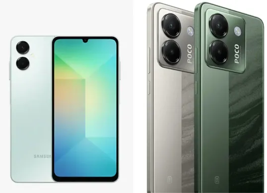 Ilustrasi perbandingan smartphone 5G Samsung Galaxy A06 5G vs Poco M7 Pro 5G. (Sumber: Samsung dan Xiaomi)
