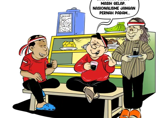 Ilustrasi suasana obrolan hangat di warteg jelang perayaan HUT RI. Tiga sahabat berdiskusi soal semangat nasionalisme sambil menikmati kopi, dengan semangat kemerdekaan yang tetap menyala meski keadaan serba sederhana. (Sumber: Poskota/Arif Setiadi)