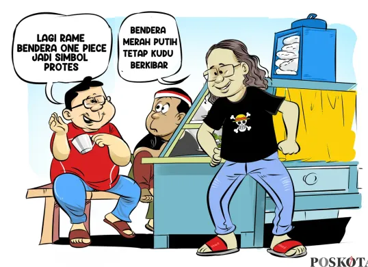 Tiga sahabat berdiskusi soal simbol bendera di warteg. Salah satunya mengenakan kaus bergambar bendera bajak laut ala One Piece, sementara yang lain menegaskan pentingnya Merah Putih tetap berkibar. (Sumber: Poskota/Arif Setiadi)