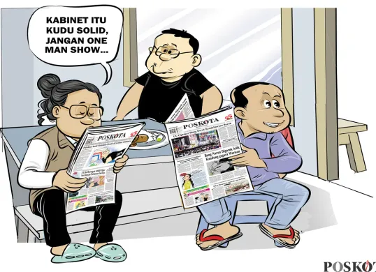 Ilustrasi obrolan warteg: Tiga sahabat membahas soliditas Kabinet Merah Putih. Salah satu dari mereka mengingatkan, "Kabinet itu kudu solid, jangan one man show…". (Sumber: Poskota/Arif Setiadi)