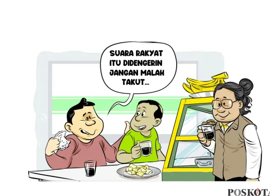 Ilustrasi obrolan warteg, warga menekankan pentingnya pemimpin mendengar suara rakyat. Pesan ini disampaikan sambil menikmati kopi dan kudapan sederhana. (Sumber: Poskota/Arif Setiadi)