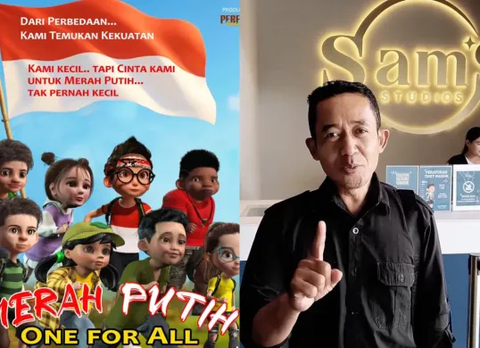 Potret poster film animasi Merah Putih One For All (kiri) dan sosok produser Toto Soegriwo (kanan). (Sumber: Instagram/totosoegriwo)
