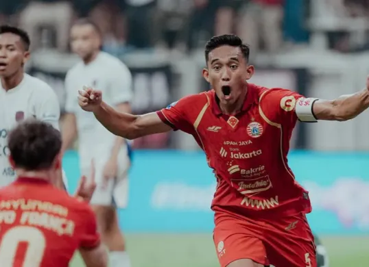 Potret selebrasi Rizky Ridho usai menjebol gawang Persita Tangerang. (Sumber: Persija)