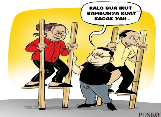 Ilustrasi obrolan warteg tentang lomba egrang, menggambarkan antusiasme sekaligus candaan tiga sahabat saat permainan tradisional kembali dihidupkan pada peringatan HUT ke-80 RI. (Sumber: Poskota/Arif Setiadi)