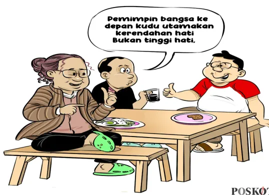 Tiga sahabat tengah berbincang di warteg, menekankan bahwa pemimpin bangsa ke depan harus mengutamakan kerendahan hati, bukan tinggi hati. (Sumber: Poskota/Arif Setiadi)