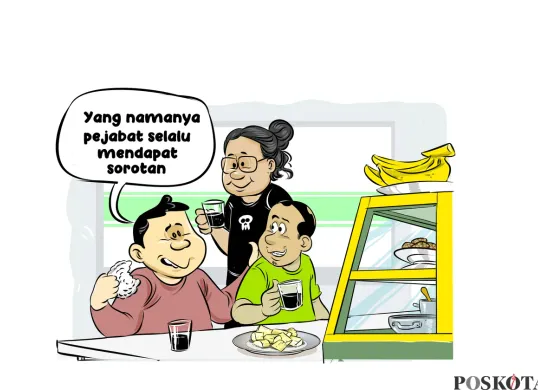 lustrasi obrolan santai di warteg membahas sorotan publik terhadap perilaku pejabat. (Sumber: Poskota/Arif Setiadi)