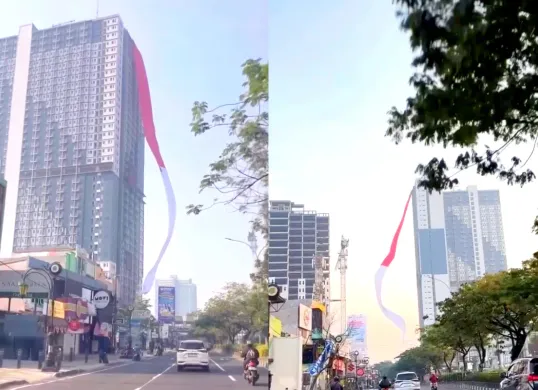 Potret bendera Merah Putih raksasa yang berkibar di gedung tinggi yang berada di wilayah Depok. (Sumber: Instagram/@depok24jam)