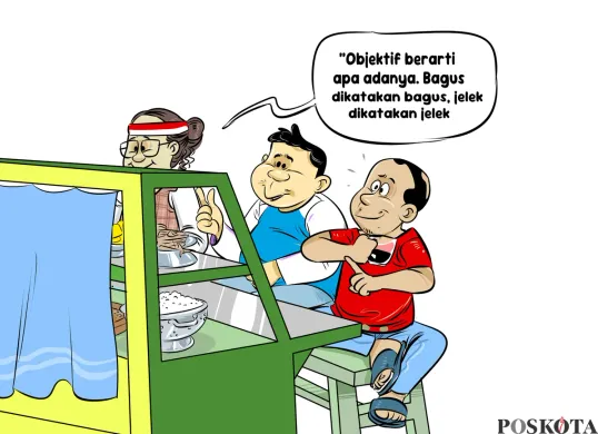 Ilustrasi obrolan warteg tiga sahabat, mengingatkan pentingnya pengawasan DPR yang objektif—bagus dikatakan bagus, jelek dikatakan jelek. (Sumber: Poskota/Arif Setiadi)