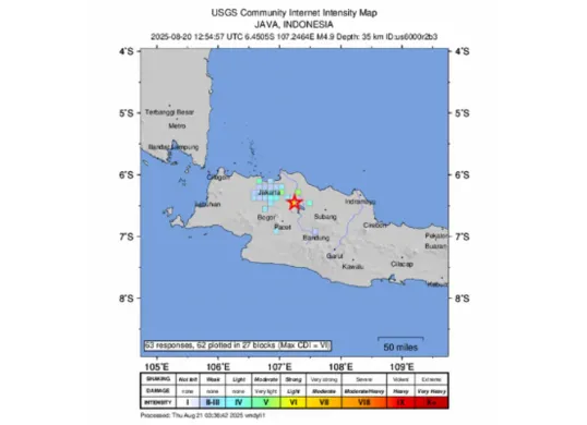 Penyebab, dampak, dan update terbaru gempa Bekasi M 4,9 menurut BMKG. Getaran dirasakan hingga Jakarta dan sekitarnya (Sumber: earthquake.usgs.gov)