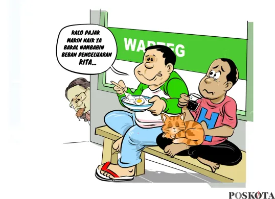 Ilustrasi obrolan di warteg, warga mengeluhkan kenaikan PBB yang dinilai menambah beban pengeluaran masyarakat. (Sumber: Poskota/Arif Setiadi)