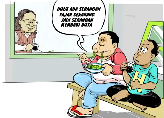 Ilustrasi obrolan warteg membahas praktik politik uang di Indonesia, yang disebut kian masif dan tak lagi sebatas “serangan fajar” melainkan “serangan membabi buta”. (Sumber: Poskota/Arif Setiadi)