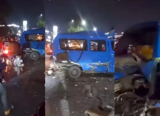 Kondisi angkot berbahan bakar gas (BBG) yang meledak di Jalan Mayor Oking, Citeureup, Bogor. Bagian belakang kendaraan tampak ringsek dan kaca pecah setelah insiden pada Minggu, 24 Agustus 2025, malam. (Sumber: Instagram/@cibinongviral)