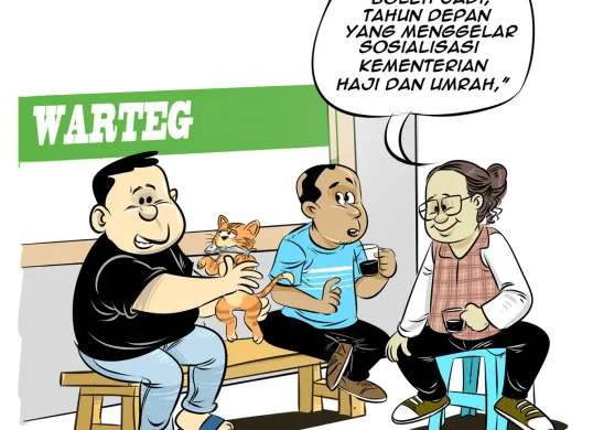 Obrolan santai di warteg membahas rencana pembentukan Kementerian Haji dan Umrah yang akan menggantikan peran BPH, termasuk persiapan penyelenggaraan ibadah haji pasca Lebaran. (Sumber: Poskota/Arif Setiadi)