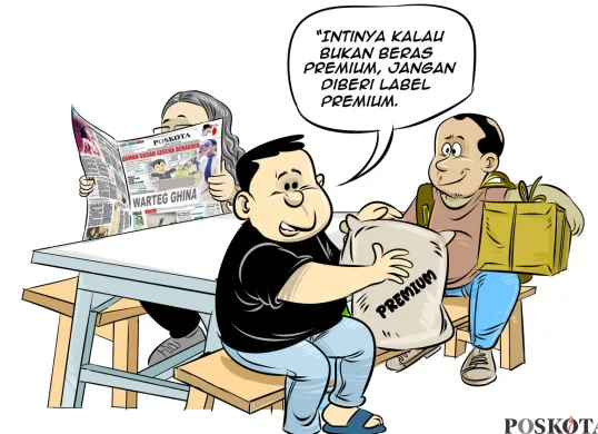 Ilustrasi obrolan warteg soal beras berlabel premium. Konsumen diingatkan agar produsen tidak asal memberi label premium pada beras yang kualitasnya tidak sesuai standar. (Sumber: Poskota/Arif Setiadi)