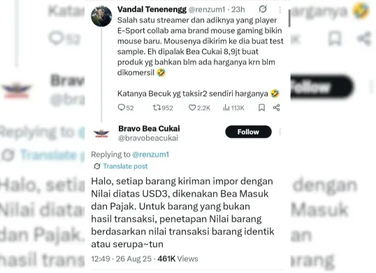 Bea Cukai kembali dikritik warganet imbas tagihan Rp8,9 juta untuk sampel mouse gaming (Sumber: X/@ARSIPAJA)