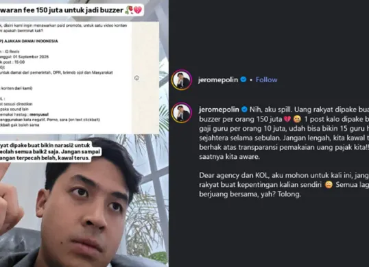 Jerome Polin membongkar tawaran jadi buzzer kampanye 'Damai Indonesia' dengan bayaran Rp150 juta. Ia ungkap bukti chat dan desak transparansi dana publik yang diduga untuk pencitraan. (Sumber: Instagram/@jeromepolin)