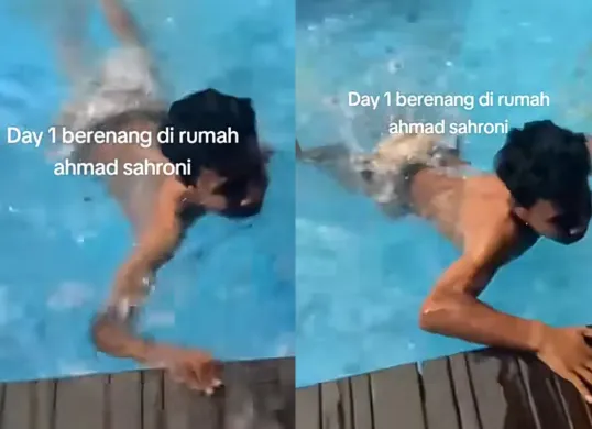 Momen seorang remaja asyik berenang di rumah Ahmad Sahroni yang tengah dijarah massa. (Sumber: TikTok/@patrickismynamee)