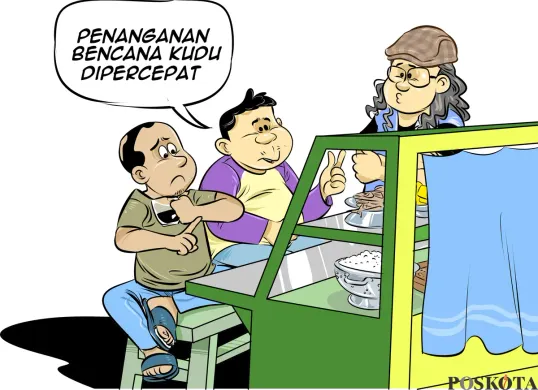 Obrolan tiga sahabat tentang banjir bandang, tuntutan mereka jelas, bahwa penanganan bencana kudu dipercepat. Gerak cepat dan penanganan komprehensif dianggap lebih penting daripada perdebatan status bencana nasional. (Sumber: Poskota/Arif Setiadi)