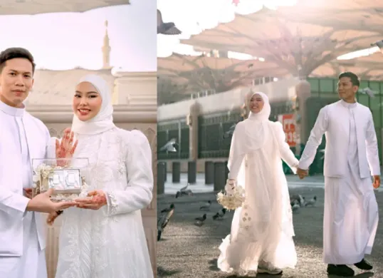 Selebgram Dara Arafah resmi menikah dengan Rehan Mubarak di Madinah, Jumat 28 November 2025. (Sumber: Instagram/@daraarafah, @rehanmubarak)