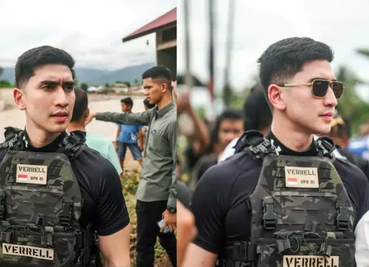 Penampilan Verrell Bramasta saat berada di lokasi banjir bandang Sumatera Barat dengan rompi taktis memicu diskusi publik di media sosial. (Sumber: Instagram/@bramastavrl)