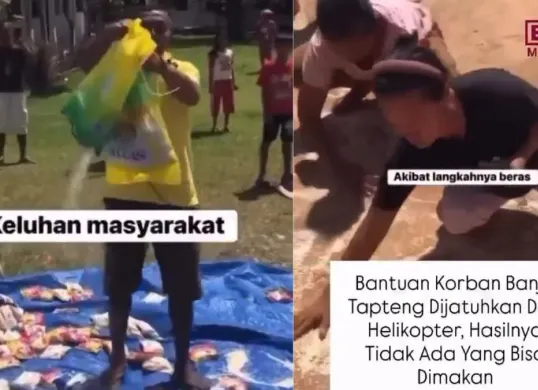 Cuplikan video viral warga memunguti beras dan bantuan logistik yang rusak setelah paket airdrop dijatuhkan dari helikopter. Sejumlah karung beras terlihat sobek dan isinya berserakan di tanah. (Sumber: X/@abu_waras)