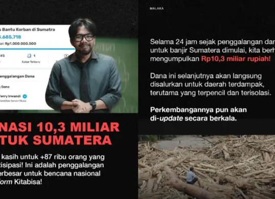 Galang dana oleh Ferry Irwandi untuk korban banjir Sumatra capai Rp10,3 miliar dari 87 ribu donatur dalam 24 jam. (Sumber: Instagram/@irwandiferry)