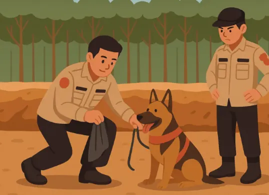 Ilustrasi - Kisah heroik Reno, anjing K-9 Polda Riau yang tewas karena kelelahan saat misi SAR di Agam. Ia mendapatkan pemakaman kedinasan penuh kehormatan sebagai pahlawan berbulu. (Sumber: AI Generated)