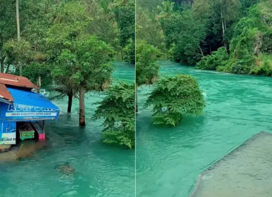 Pasca banjir Sumatra 2025, Sungai Ombilin di Sumbar mendadak jernih berwarna biru kehijauan mirip di Swiss. (Sumber: TikTok/@furqannnn09)