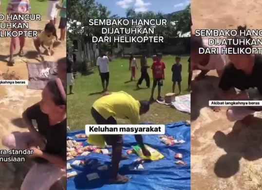 Warga mengevakuasi bantuan sembako yang dijatuhkan dari helikopter pascabencana banjir di Tapanuli Utara. (Sumber: Instagram/@sadampermana.w)
