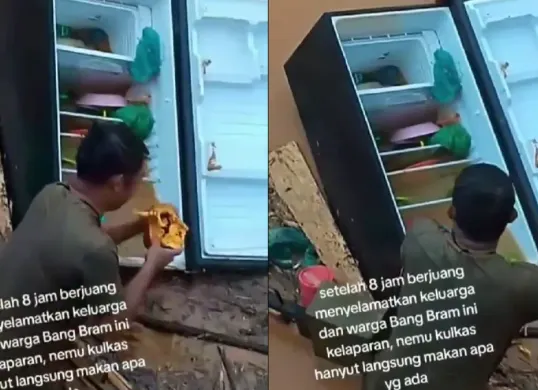 Seorang warga bernama Bram memakan makanan dari kulkas hanyut pasca banjir besar di Sumatera setelah berjam-jam membantu evakuasi warga, memantik simpati publik dan menjadi simbol ketahanan di tengah bencana. (Sumber: Instagram/@sharpandshark)