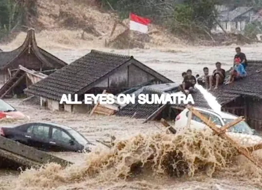 Ilustrasi banjir Sumatra yang jadi sorotan dunia. (Sumber: X/@MOQEELFORTRESS)