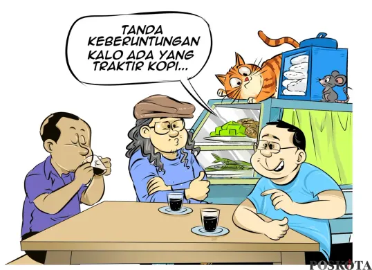 Tiga sahabat, Bung Heri, Mas Bro, dan Bang Yudi, berbincang di warteg tentang kelahiran bayi panda Satrio Wiratama dan makna simbol keberuntungan serta persahabatan antara Indonesia dan China. (Sumber: Poskota/Arif Setiadi)